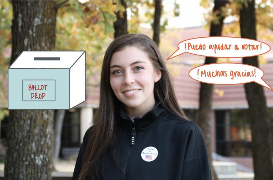 Coppell High School senior Emily Goodwin stands in front of CHS with her ‘I Voted in Dallas County’ sticker on. Goodwin was a student election clerk at Saint Andrews Episcopal Church in Farmers Branch on Election Day.