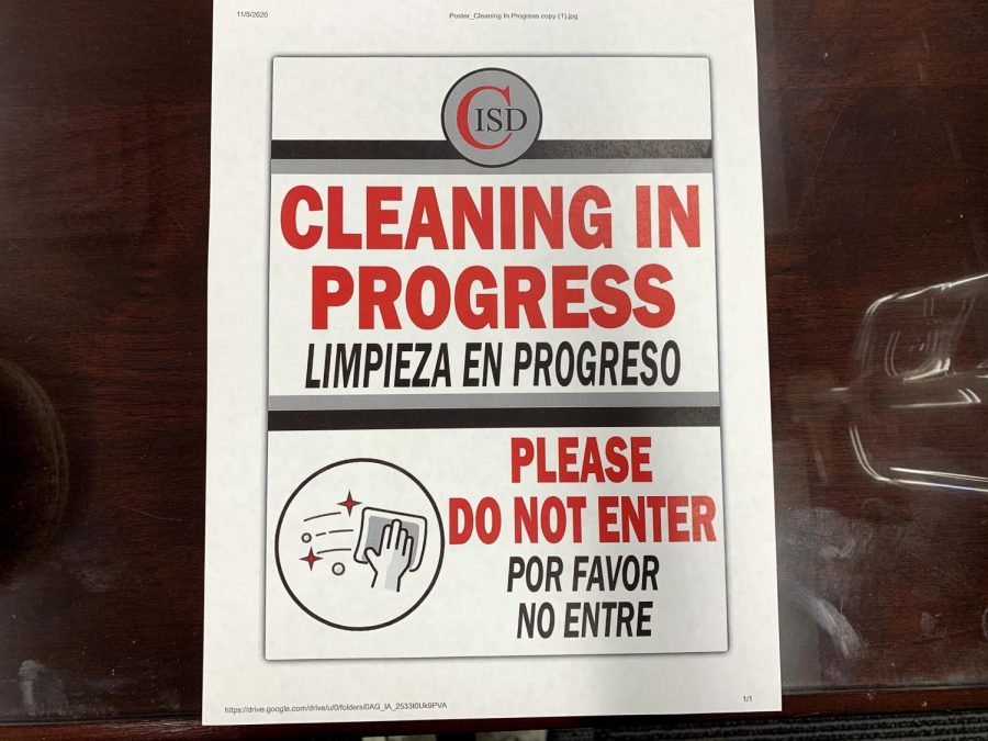 Coppell ISD posts signs when cleaning is in progress in classrooms in order for students and faculty to be aware of a possibly contaminated room. CISD follows all CDC guidelines to ensure the safety of students. Photo by Lilly Gorman