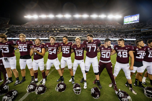 Texas A&M deep snapper Connor Choate stands with the Aggies after defeating Kent State on Sept. 4 at Kyle Field. Choate, a 2017 Coppell High School graduate, was named as the 12th Man for this year on Aug. 28.