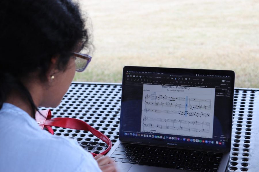Coppell High School senior Swetha Tandri composes a new song at Andy Brown Park East on Sunday. Tandri has been using music as a tool to teach math to kids. 