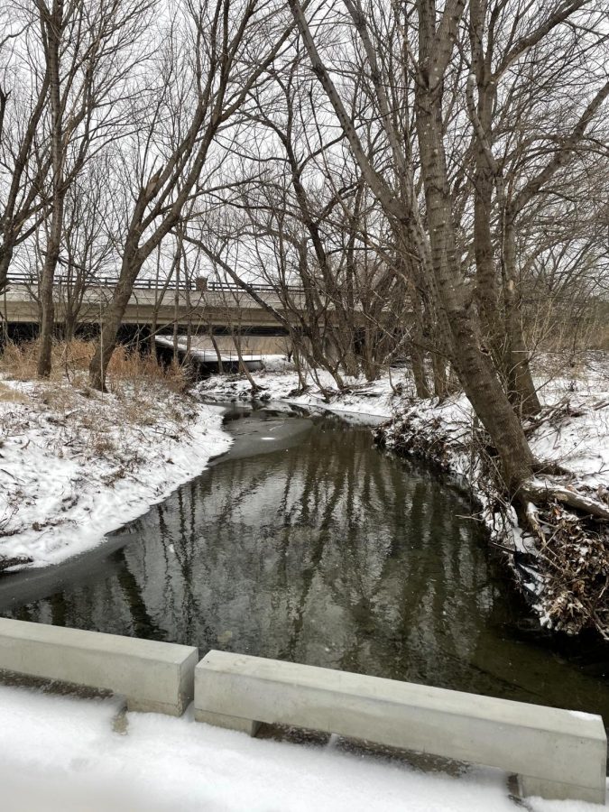 Snow starts to ice over a creek backing up to Coppell High School on Sunday. Coppell experienced snowfall on Sunday, and there is a winter storm warning for the Dallas-Fort Worth area as per the National Weather Service. 