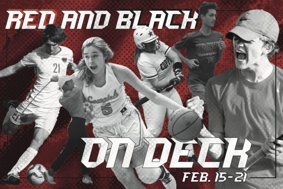 Red and Black on Deck is a Sidekick series detailing the next seven days of Coppell varsity sports. It will be posted every Monday for the rest of the 2020-21 school year. Graphic by Samantha Freeman
