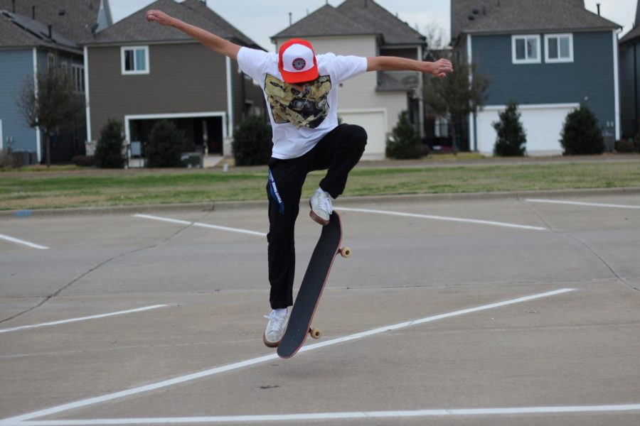 The Sidekick staff designer Josh Campbell skateboards in Old Town Coppell on March 8. Campbell thinks skateboarding is not simply a sport or career, but is both a physical and mental game allowing for one to to cope and improve upon one’s own skills. Photo by Tanvee Patil
