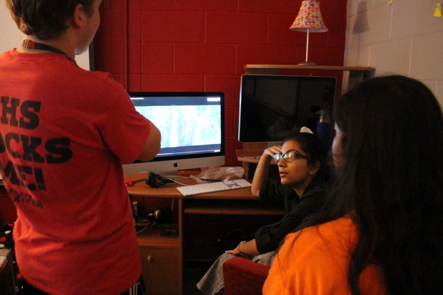 Coppell High School 2019 graduates Vinny Vicenzo, Shania Khan and Misuni Khamankar discuss upcoming projects in KCBY adviser Irma Kennedys classroom on Oct. 19, 2018. KCBY was awarded the 2020 National Academy of Television Arts and Sciences Student Production Emmy for Best Newscast.