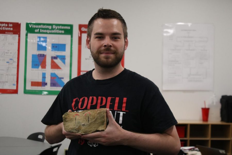 Coppell High School geometry and honors algebra II teacher Chase Cairns has a pet rock, Rick James, that adds character to his classroom. Crains has been teaching at CHS for two years and uses his childhood past to help make his classroom a better learning environment. 