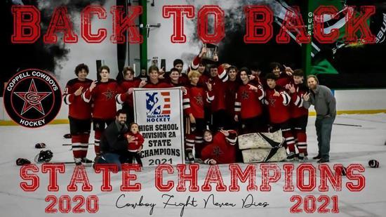 The Coppell hockey team celebrates after defeating Denton County, 6-5, in double OT to win the 2A state championship on April 18 in the Mansfield Children’s Heath StarCenter. In a rematch of the 2020 Division 2A state championship, the Cowboys victory over the Spartans secured back-to-back state championships.