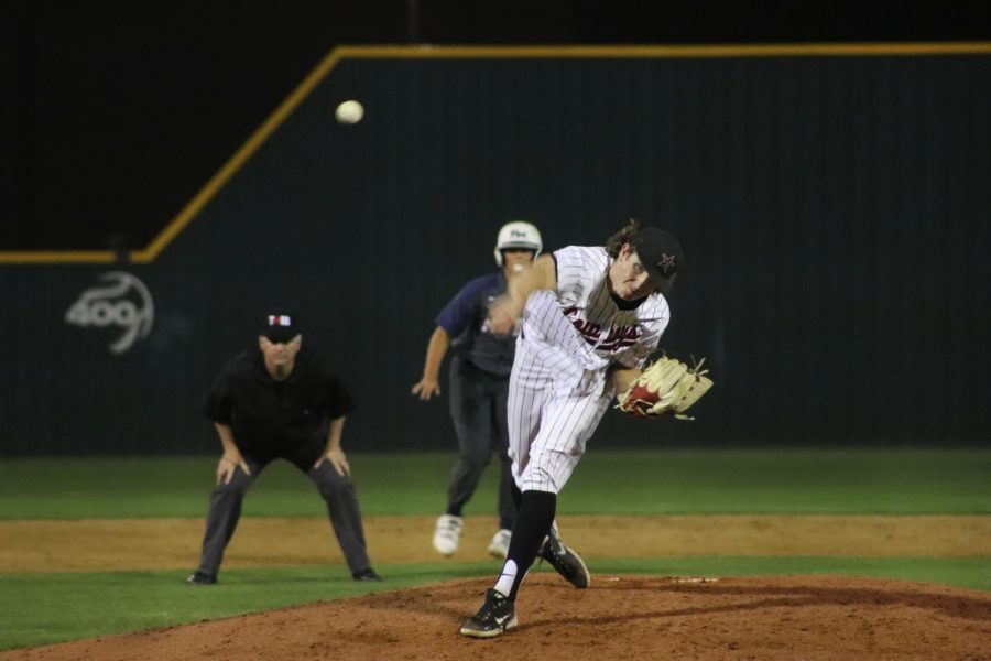 Coppell senior pitcher Tim Malone pitches against Flower Mound yesterday at the Coppell ISD Baseball/Softball Complex. The Cowboys defeated Flower Mound, 11-7.