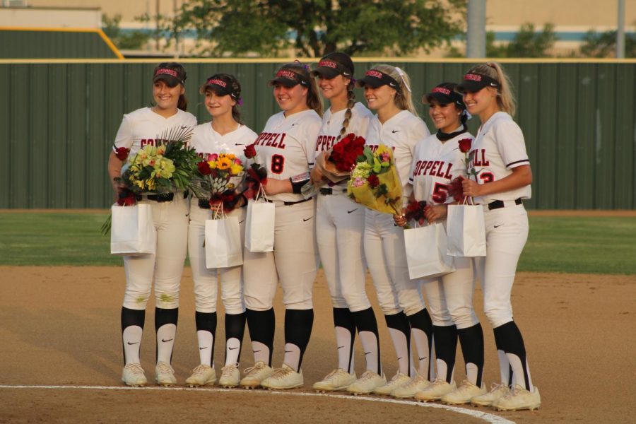 Coppell+seniors+designated+player+Adelyn+Wilson%2C+second+baseman+Laura+Boylan%2C+first+baseman+Michaella+Baker%2C+third+baseman+Reagan+Stange%2C+right+fielder+Sydney+Ingle%2C+catcher+Dafne+Mercado+and+center+fielder+Anabelle+Sigman+are+honored+for+Senior+Night+at+the+Coppell+ISD+Baseball%2FSoftball+Complex+Tuesday+night.+Coppell+defeated+Plano+East%2C+11-1.