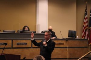 Coppell Mayor Wes Mays was sworn in Tuesday evening at Coppell Town Center.  The Council discussed items such as a relaxed mask mandate and recognizing May 11, 2021 as “Karen Hunt Appreciation Day” and “Gary Roden Appreciation Day.”  Photo by Angelina Liu 