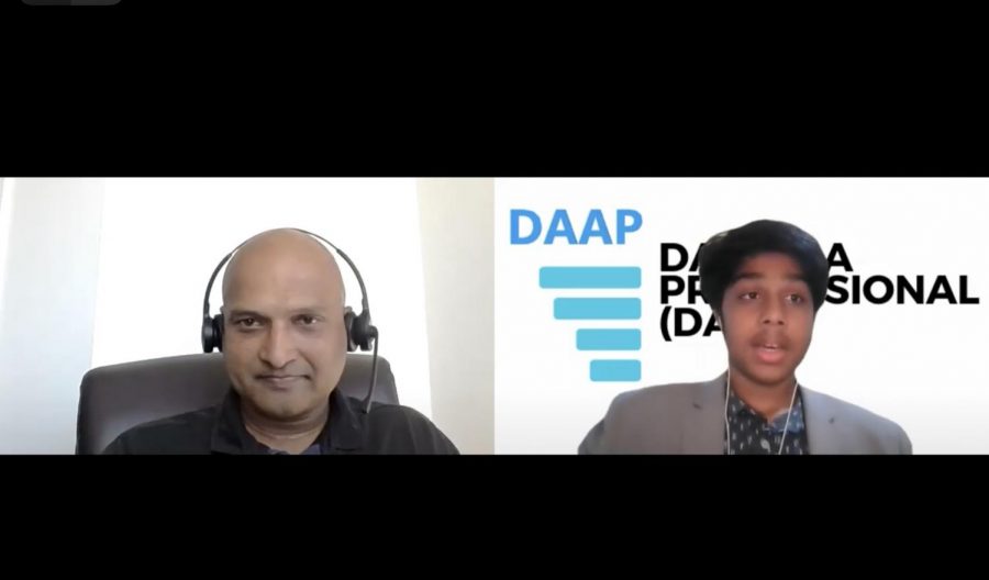 Coppell High School senior Gautam Rao interviews computer engineer Vish Turaga for his Day As A Professional YouTube channel. Rao started his channel in November of last year and posts educational videos about various career fields.