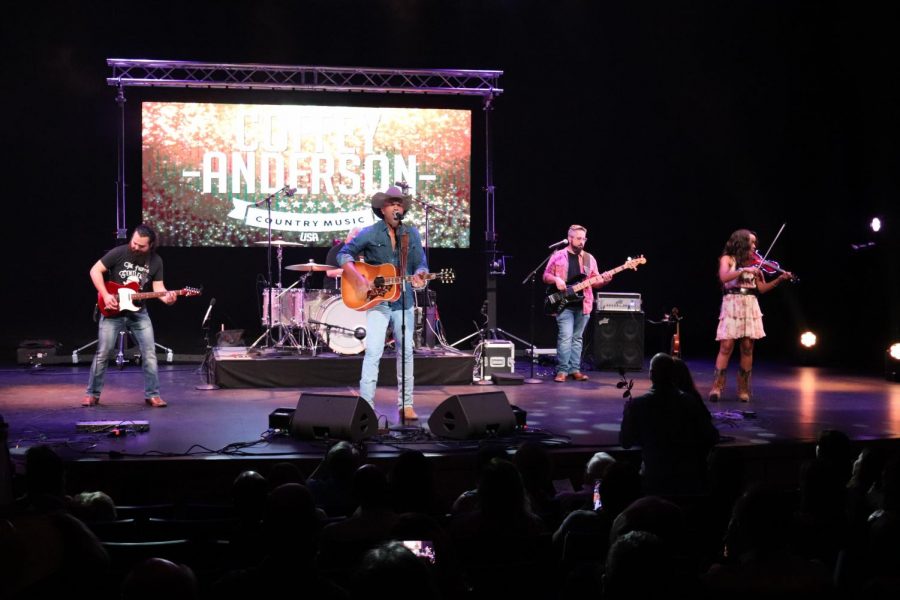 Coffey Anderson, along with members of his band, performs “Better Today”, during his live performance. Anderson performed on day two of the Takeoff Music Festival in the Coppell Arts Center on Friday night.

