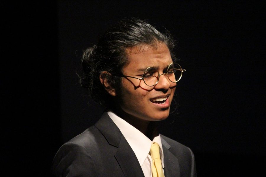 New Tech High @ Coppell junior Romir Bose performs as Avishay Lenser in the Cowboy Theatre Company’s production “Trap” in the CHS Black Box on Friday. “Trap” was the first show Cowboy Theatre Company has been able to put on without masks since the pandemic. 