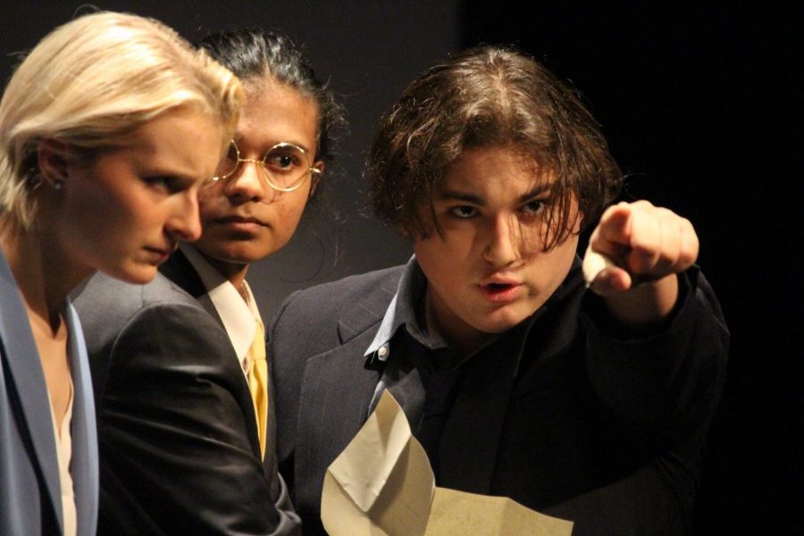 New Tech @ Coppell junior Juan Cordova performs as Queto Muguruza in Coppell High Theatre’s production “Trap” in the Black Box on Friday. “Trap” was the first show the program has been able to put on without masks since the pandemic.