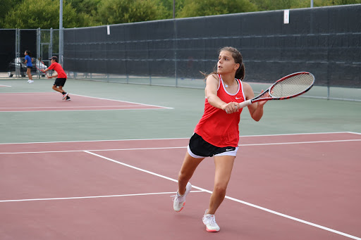 Coppell senior Nia Savova moves for a return after a backhand slice during singles matches at the Coppell Tennis Center on Sept. 20. Tennis lost to Southlake Carroll in the Class 6A Region I semifinals. 