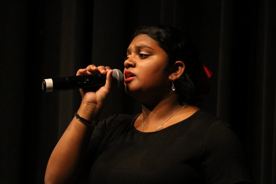 Coppell Respira Treble Show Choir sophomore Ana Jesayen performs “Burn” from the musical “Hamilton” during the Respira on Broadway show in the Coppell High School Auditorium on Friday. Respira’s show featured songs from Broadway musicals and cupcakes for the audience during intermission.