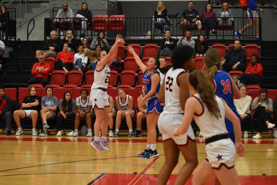 Coppell+sophomore+shooting+guard+Ella+Spiller+shoots+against+Richardson+Pearce+at+the+CHS+Arena+on+Friday.+The+Cowgirls+beat+the+Mustangs%2C+60-31%2C+to+advance+to+and+win+the+Coppell+Tipoff+Classic+against+Royse+City%2C+64-44+.