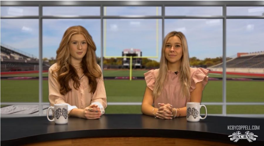 Coppell High School senior anchors Lauren Beach and Rachel Breunle open show three of the 2021-22 season of KCBY. KCBY won first place in the National Scholastic Press Association Best of Show Broadcast competition for its third show of the 2021-22 season. Photo courtesy of KCBY.