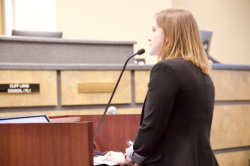 Tuesday evening, chief communications strategist Hannah Cook speaks to the Coppell City Council regarding the upcoming utility billing system. She discusses the benefits of using the new citizen self service portal.