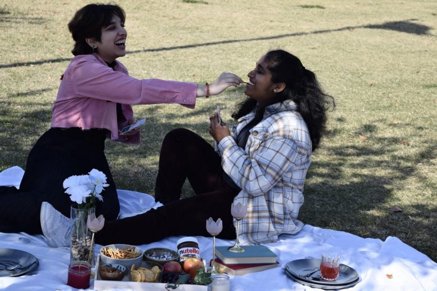 Coppell High School seniors Purvi Dhasmana and Tanmayi Akasapu enjoy a picnic at Andy Brown Park East on Nov. 24. The Sidekick advertising and circulation manager Manasa Mohan thinks family is more than just a blood-related bond between people. 