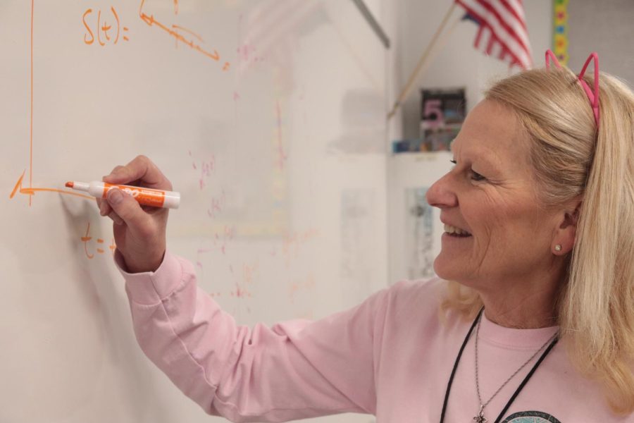 Coppell High School AB calculus and pre-calculus teacher Mary Jo Wilt draws a position-time graph during her sixth period class on Thursday. Wilt has been a math teacher at CHS for 21 years. Photo by Shreya Ravi.