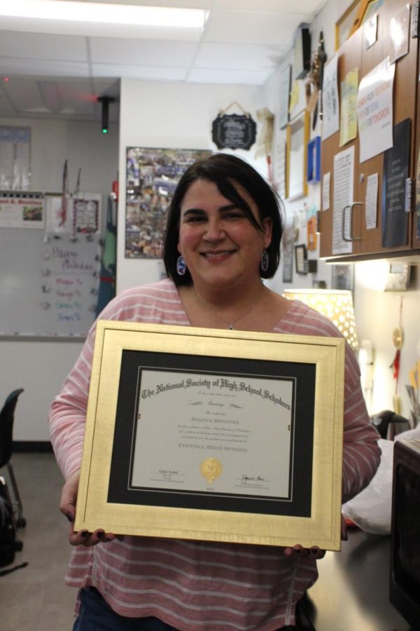 Coppell High School AP biology teacher Dr. ​​Bianca Benitez was recently selected as a Claes Nobel Educator of Distinction by The National Society of High School Scholars (NSHSS).  Prior to teaching at CHS, Dr. Benitez taught at Coppell Middle School East for three years. 