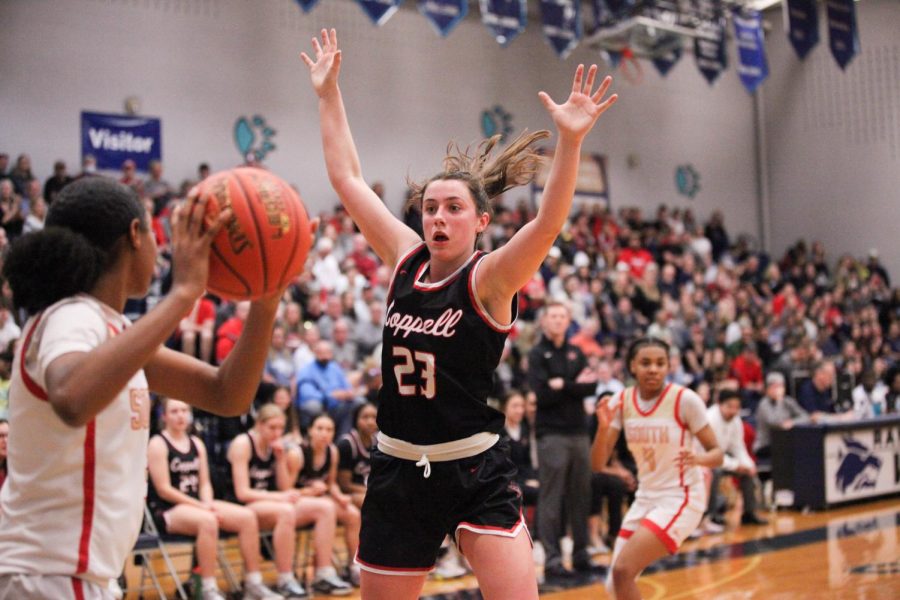 Coppell sophomore guard Ella Spiller distracts South Grand Prairie during an inbound at Ranchview on Monday. Coppell lost to the Warriors in the Class 6A Region I quarterfinals, 56-49, ending its season.