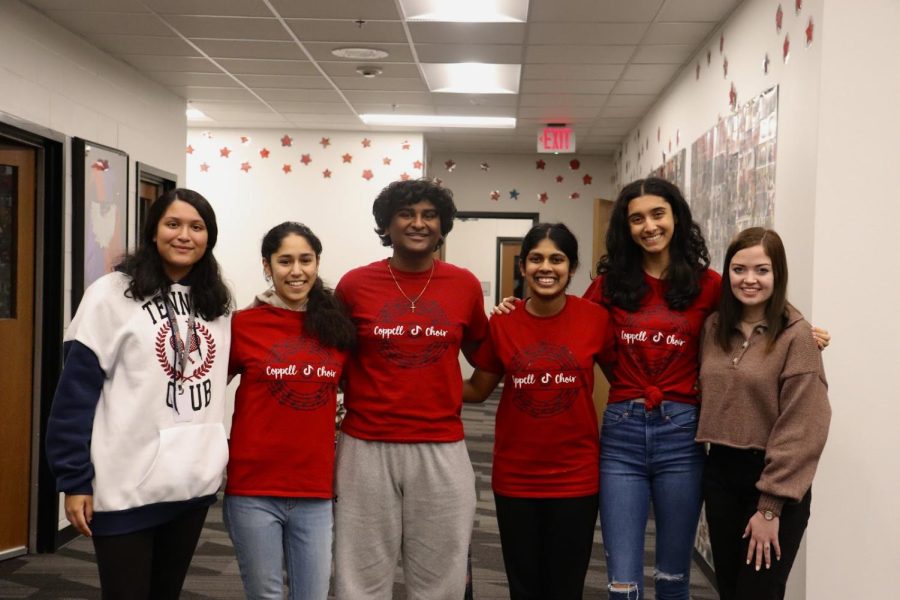 Coppell senior Meher Saini, sophomore Roma Jani, and seniors Joseph Matthew, Meghna Gopinath, Sumita Bhattacharya and Katie Arrington stand together as those selected to be All-State musicians and as alternates. Jani, Matthew, Gopinath and Bhattacharya and junior Anagha Dharmavaram will be going to San Antonio for the TMEA All-State convention on Feb. 9 (not pictured: Anagha Dharmavaram). 