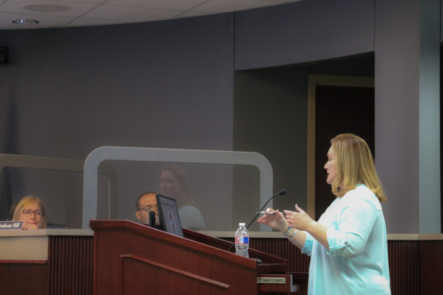 Coppell+ISD+assistant+superintendent+of+curriculum+and+instruction+Dr.+Angie+Brooks+presents+to+the+CISD+Board+of+Trustees+on+Monday.+Dr.+Brooks+spoke+about+Professional+Learning+Communities+%28PLCs%29%2C+including+the+Panorama+survey+platform+and+how+it+can+be+used+to+analyze+data+about+students%E2%80%99+academic%2C+behavioral+and+social-emotional+needs.