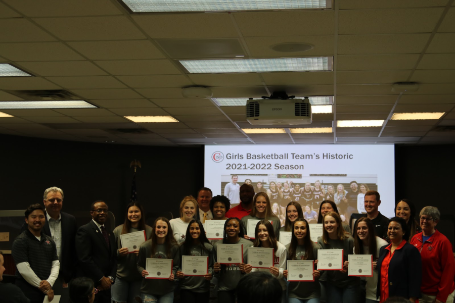 The Coppell girls basketball team is recognized for its achievements in its historic 2021-2022 season at the Coppell ISD Board of Trustees meeting on Monday. The team set a school record with 37 wins in a single season.
