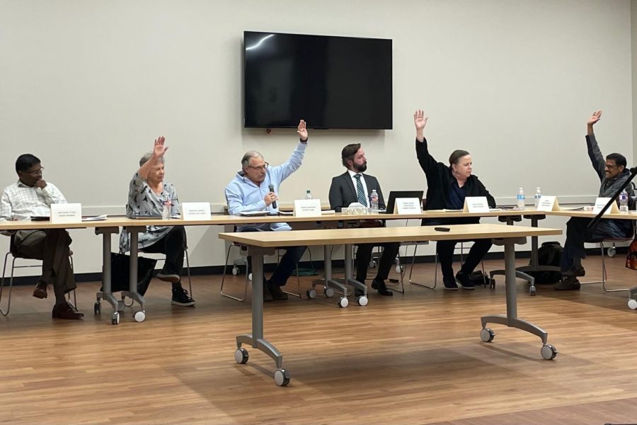 In its Thursday meeting, the Cozby Library and Community Commons board members Martha Garber, Frank Gasparro, Anne Diamond and Haridas Radhakrishnan vote 4-2 in favor of keeping Gender Queer: A Memoir by Maia Kobabe available to Coppell residents. 