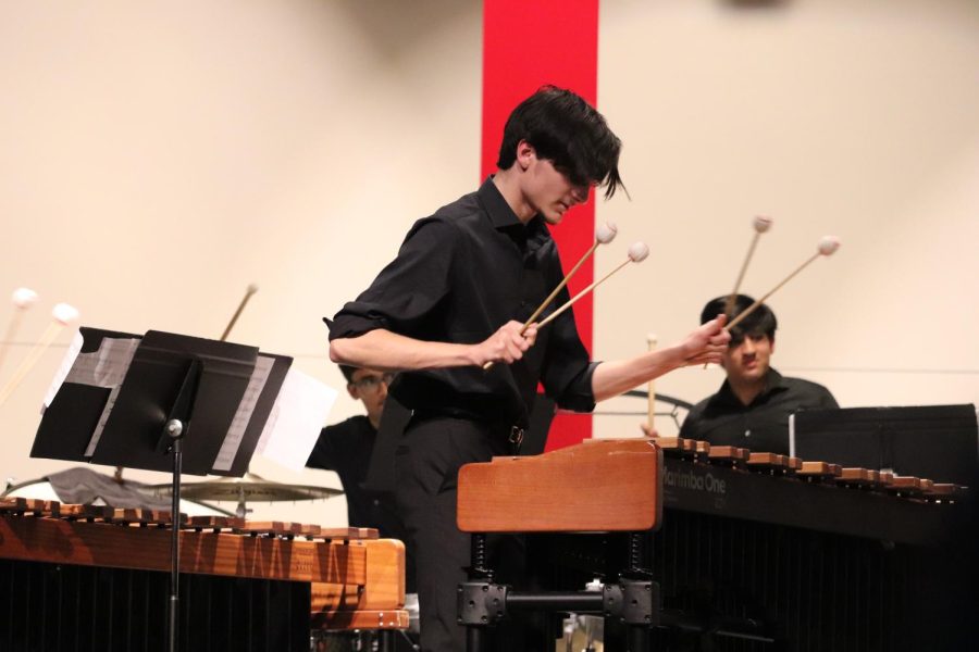 Coppell High School senior Mario Torres Ramos performs “Prelude to Paradise” in the CHS Auditorium on March 5. The CHS drumline and Coppell Middle School percussionists presented their annual Purely Rhythmic show featuring guest artist Team Islas.
