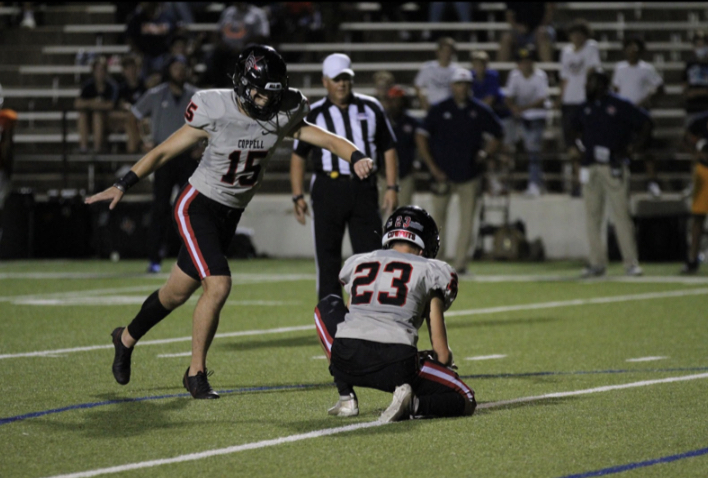 Coppell junior kicker Nic Radicic kicks an extra point against Sachse on Aug. 27 at Homer B. Johnson Stadium in Garland. Radicic and Coppell junior double back Braxton Myers have been selected to play in the All-American Bowl on Jan. 7, 2023 at the Alamodome in San Antonio. 