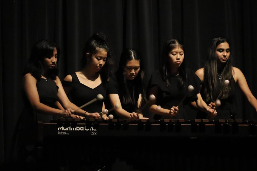 Coppell High School juniors Nivi Anandaraj, Destiny Wang, Ashley Zhang, Claire Wang and Megha Pazhayidathu perform “Five on Five” together on one marimba. The CHS Drumline and Coppell Middle School percussionists presented their annual “Purely Rhythmic” show on Saturday, featuring guest artist Team Islas.