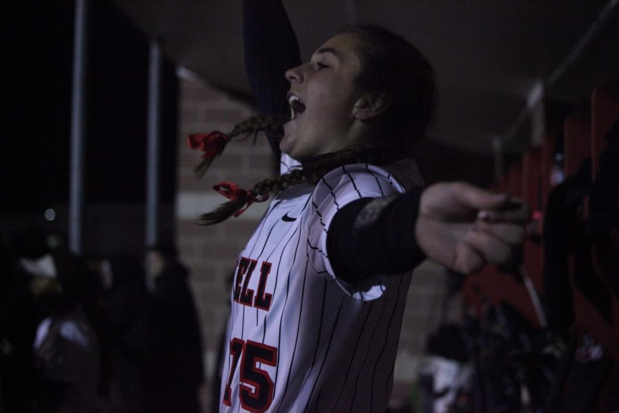 Coppell junior catcher Medleigh Danchak cheers on her teammates in a game against Plano on March 8 at CISD Baseball/Softball Complex. Danchak has become an integral piece within the softball team.