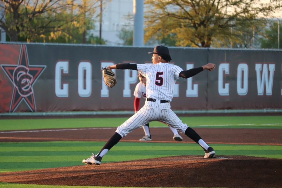 Coppell junior TJ Pompey pitches against Hebron on April 5 at Coppell ISD Baseball/Softball Complex. Pompey is one of the pitchers in the Cowboy quartet carrying Coppell through its quest for a district, regional and state championship.