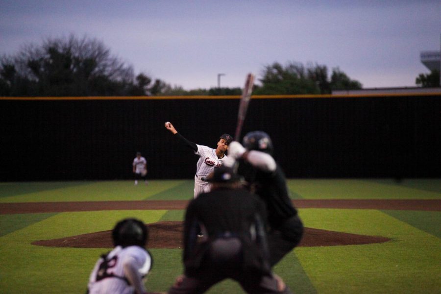 Coppell junior TJ Pompey pitches against Plano East at Coppell ISD Baseball/Softball Complex on April 19. The Cowboys play Flower Mound on Friday at Coppell ISD Baseball/Softball Complex with first pitch at 7:30 in a crucial, district-championship deciding game.