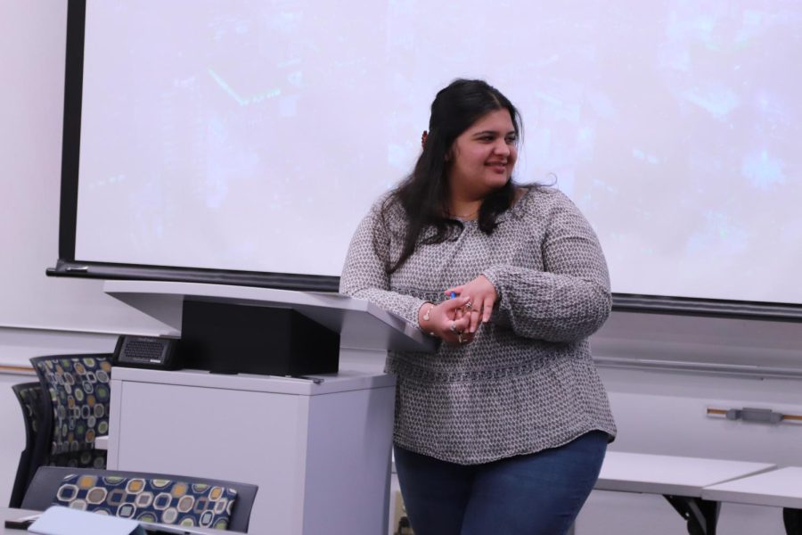 Coppell High School junior Priyanka Bhutani leads a meeting for the Coppell ISD Communications and Engagement Departments interns. Bhutani is the team lead for the internship and is also part of the Round-Up leadership team.