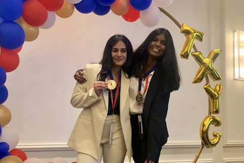 Coppell High School sophomores Anusha Narway and Nidhi Ilanthalaivan earned a state medal last month in Austin. Coppell’s Youth and Government club competed on April 23-24 The team, made up entirely of sophomores, brought home three state medals. Photo courtesy Kimberly Lee.