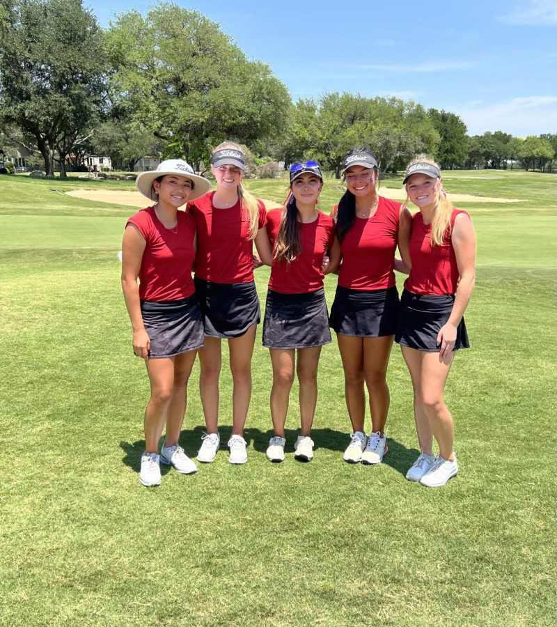 Coppell golfers Kirsten Angosta, Rachel Pryor, Mia Gaboriau, Lauren Rios and Rylie Allison play at the Legacy Hills Golf Club in Georgetown. Coppell took home sixth place out of 12 teams. 
