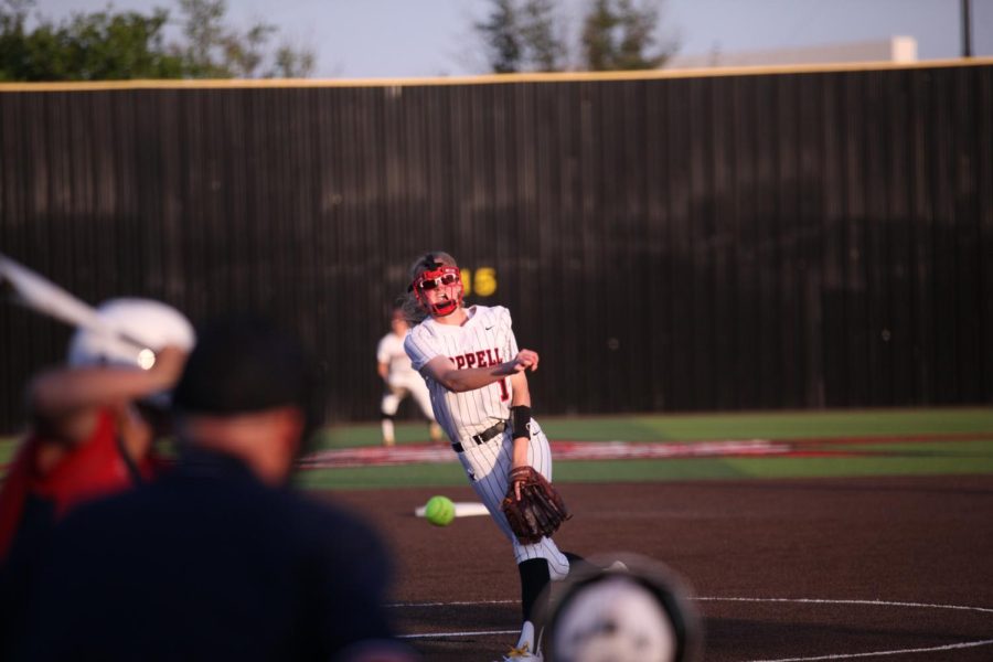 Coppell senior Kat Miller pitches to Allen at the Coppell ISD Baseball/Softball Complex on Thursday. Coppell was defeated by Allen in its home playoff debut, 3-1, and was swept by Allen after losing, 9-4, in Game 2 of the Class 6A Region I bi-district playoff series.