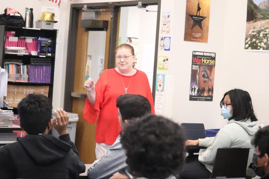 Coppell Middle School West theater director Franci Hazleton reviews stage geography and directions for her theater students on April 7 in her classroom. Hazleton was inducted to the Texas Thespian Hall of Fame after contributing to more than 20 years of service endorsing and contributing to educational theater.