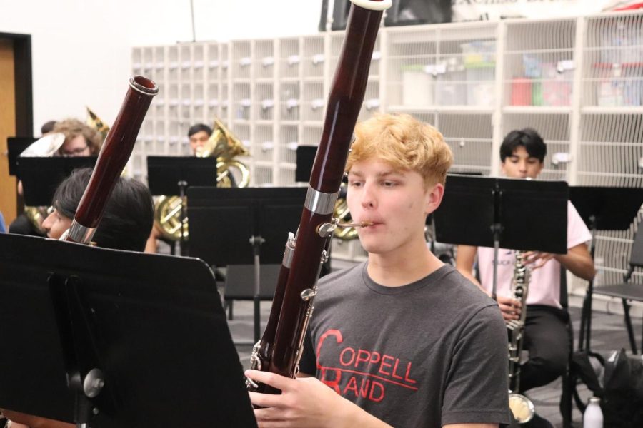 Coppell High School senior and band head drum major Wes Booker plays the bassoon during band rehearsal on April 19. Booker has recently been honored as a Texas Music Educators Association musician and will be attending University of Texas at Austin Butler School of Music in the fall. 