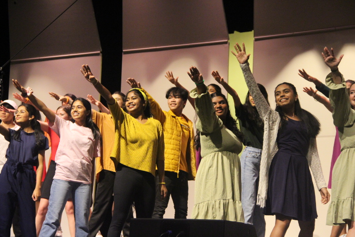 Vivacé! strikes its closing pose of the performance “You Can’t Stop the Beat” from Hairspray in the CHS Auditorium on Sunday. Vivacé! presented “Rewind” to showcase the song because of COVID-19 and featured special guest VOX, the show choir from Coppell Middle School East.