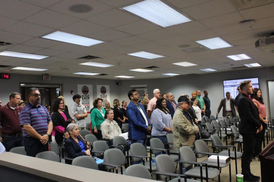 Members of the Bond Committee stand to be approved as part of the bond program at Monday’s Coppell ISD Board of Trustees meeting at the Vonita White Administration Building. This committee includes a variety of CISD teachers, students, administration and members of the community.