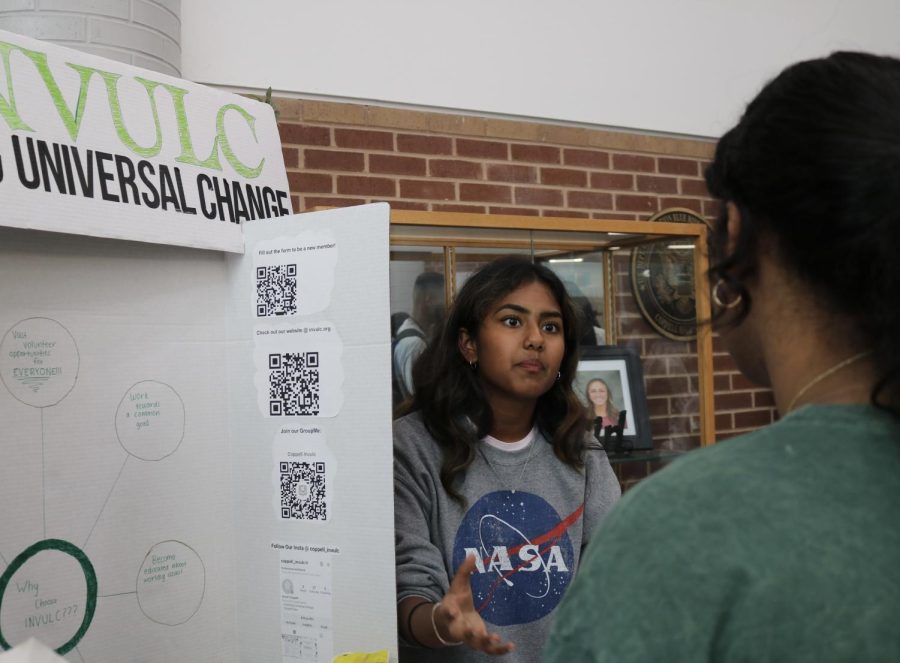 Coppell High School Invent Universal Change (INVULC)  junior vice president Ananya Balaji promotes membership to students in the Large Commons on Sept 20. CHS held its annual Club Expo during all lunches for students to explore the diverse clubs CHS offers. 
