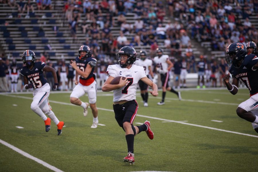 Coppell senior quarterback Jack Fishpaw rushes against Sachse  at Homer B. Johnson Stadium on Aug. 25. Coppell plays Lewisville tonight at 7 p.m. at Max Goldsmith Stadium in District 6-6A action. 