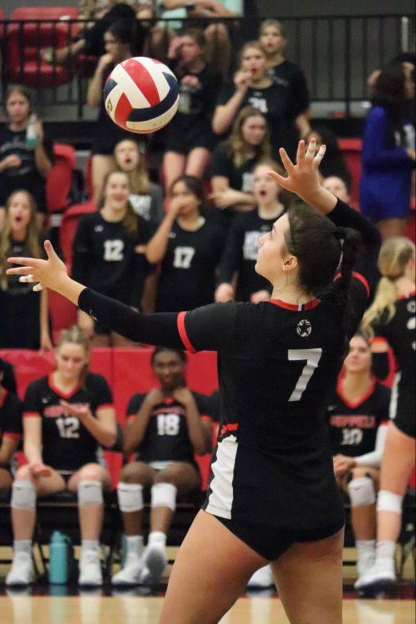 Coppell senior outside hitter Skye Lamendola serves against Denton Guyer on Aug. 31 at the Coppell High School Arena. Lamendola plays varsity volleyball while balancing schoolwork, enriching her leadership skills in the past four years. 