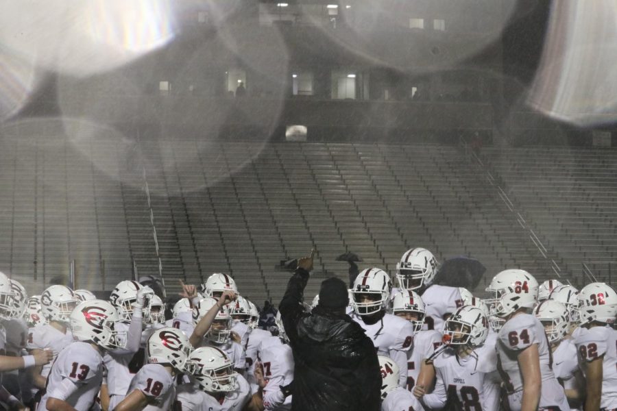 Coppell Cowboys celebrate its win over the Flower Mound Jaguars after Friday’s damp game. Beating the Jaguars 39 - 21 at Neil E. Wilson Stadium, Coppell has successfully clinched its spot in the playoffs moving 5 - 1 in the district. 