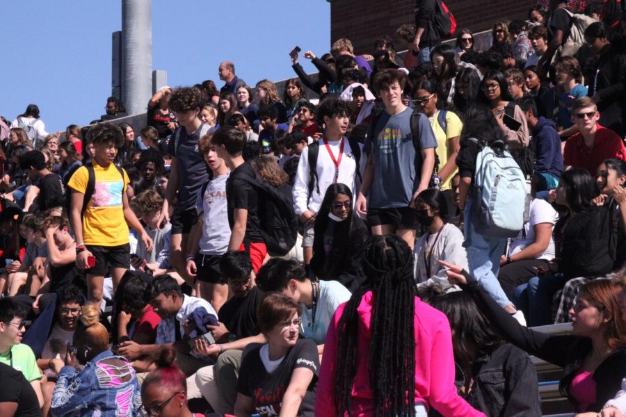 Coppell High School students gather in the bleachers for the pep rally on Friday at Buddy Echols Field. Coppell held a pep rally for students to raise school spirit for the volleyball and football games.
