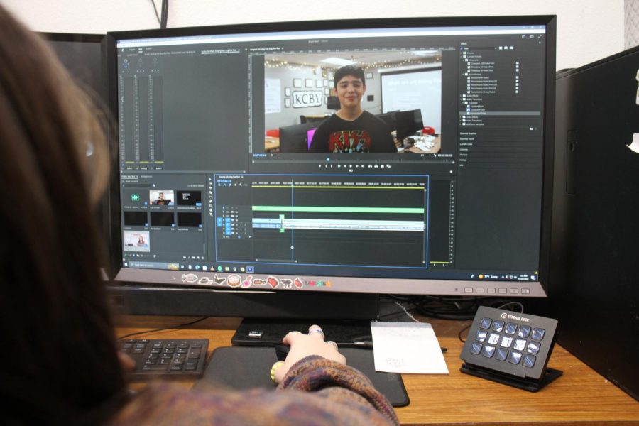 KCBY-TV senior executive producer Betsy Krenek edits Isaac Mercado’s “The Buzz” segment in the production room on Thursday. KCBY was nominated in six categories for the Lone Star Emmy state chapter of NATAS (National Academy of Television Arts and Sciences). 